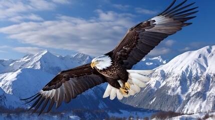 Fototapeta premium a bald eagle flying over a mountain range with a blue sky. generative ai
