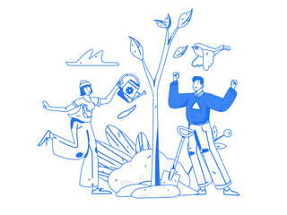 Vector concept operation hand-drawn illustration of flat characters planting trees in spring Arbor Day
