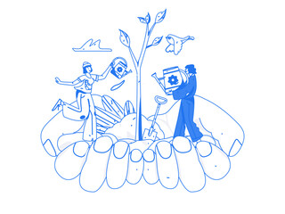 Vector concept operation hand-drawn illustration of flat characters planting trees in spring Arbor Day
