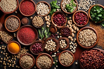 Different type of raw dry legumes composition. White beans, lentils, bulgur, chickpeas, kidney beans, corns, rice, Mix organic legume concept,