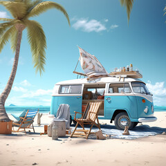Ready for summer travel. Blue van with deck chair and beach accessory 3D Rendering, 3D Illustration Generative AI
