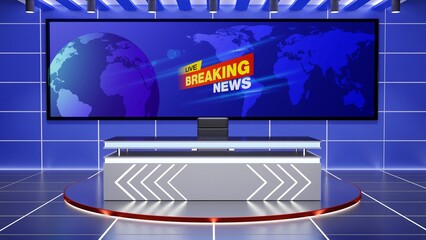 white table and lcd background in a news studio room.3d rendering.
