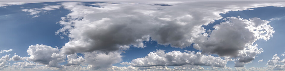 blue sky with beautiful cumulus clouds, seamless hdri 360 panorama view with zenith for use in 3d graphics or game development as sky dome or edit drone shot