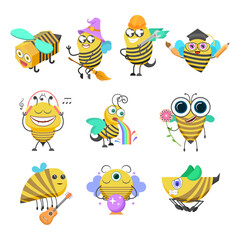 Set Abstract Collection Flat Cartoon Animal Insect Beetle Bee Fly Honey Yellow Animal Vector Design Style Elements Fauna Wildlife