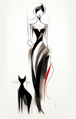 Abstract illustration drawing of a lady and her cat in red, beige and black on a white background.  Generative AI.