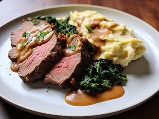 Delicious comfort food ketogenic meal prime rib with gravy, cauliflower mash, and sauteed spinach
