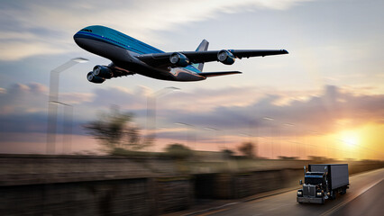 Transport planes and American style truck on freeway pulling load. Transportation theme. 3D illustration