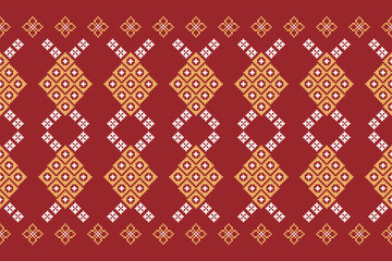 Ethnic geometric fabric pattern Cross Stitch.Ikat embroidery Ethnic oriental Pixel pattern red background. Abstract,vector,illustration. Texture,clothing,frame,decoration,motifs,silk wallpaper.
