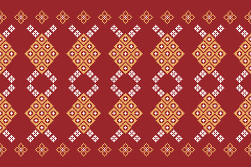 Ethnic geometric fabric pattern Cross Stitch.Ikat embroidery Ethnic oriental Pixel pattern red background. Abstract,vector,illustration. Texture,clothing,frame,decoration,motifs,silk wallpaper.