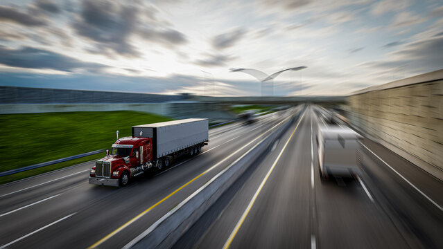 American style truck on freeway pulling load. Transportation theme. 3D illustration