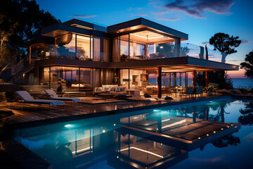  modern swimming pool with sunset background