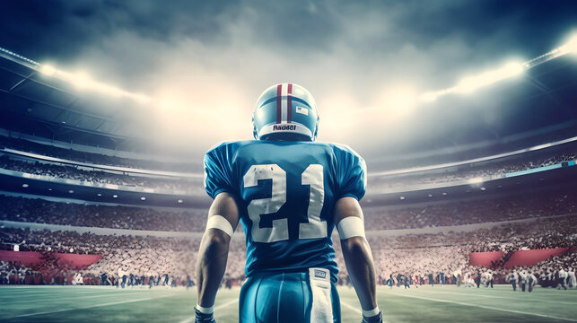 Back view american football player standing in the middle of stadium, confident strong american football player walking on field