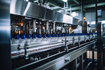 Factory for the production of beer. Brewery conveyor with glass beer drink alcohol bottles, modern production line. Blurred background. Modern production for bottling drinks. Selective focus.
