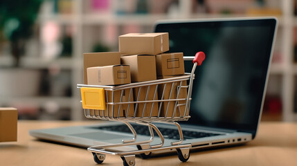 Close up shopping cart and product package boxes with laptop, Shopping service on The online web. Miniature cardboard boxes on shopping cart with laptop computer