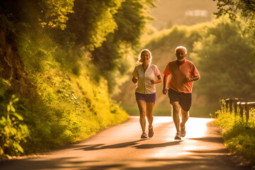Active senior couple jogging outside in city park along alley with green trees. Happy joyful retirees wife and husband jogging outside in the park