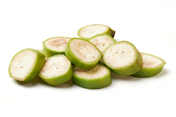 Group of unripe bananas (green) isolated on white background, unripe bananas are versatile and high in fiber. Top view of sliced banana inside, seeds and green banana peel.