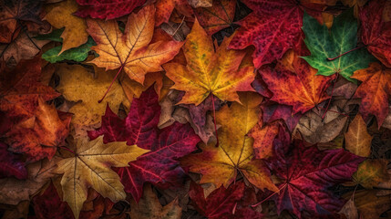 Maple Red, Orange, and Yellow Fall Leaves On Ground, Generative AI
