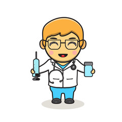 Cute Doctor Holding Stethoscope and Injection Cartoon Vector Icon Illustration. People Medical Icon Concept Isolated Premium Vector. Flat Cartoon Style