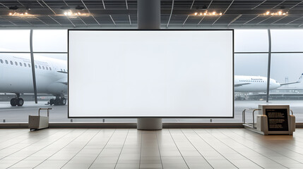 Blank billboard mockup in an airport with aeroplanes in the background, photo-realistic - obrazy, fototapety, plakaty