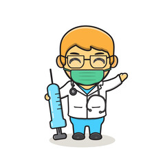 Cute Doctor Holding Stethoscope and Injection Cartoon Vector Icon Illustration. People Medical Icon Concept Isolated Premium Vector. Flat Cartoon Style