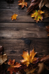 Obraz premium Fall Leaves in Yellow, Orange, and Red on Wooden Floor Background, Generative AI