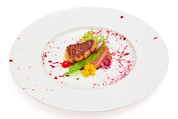 Foie gras and smoked duck breast with mixed berry sauce in white dish isolated on white background.