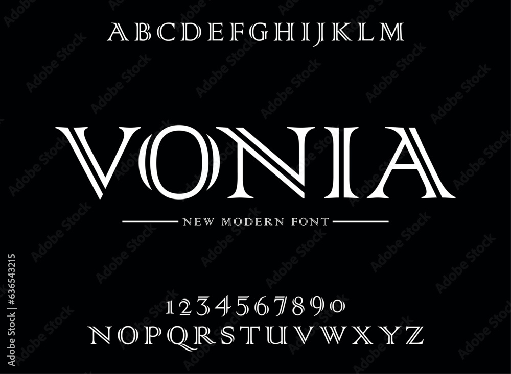 Poster vonia, unique geometric circular display and minimalist style font vector set.