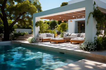 modern luxury patio with a swimming pool - obrazy, fototapety, plakaty