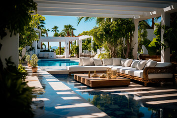 modern luxury patio with a swimming pool - obrazy, fototapety, plakaty