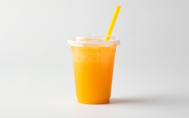 Eye Level Capture of Orange Juice in a Take Away Container. Generative AI