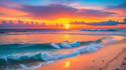 Obraz premium Sunset Serenity: Mesmerizing Beachscape Bathed in Colors