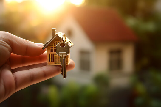 Close up hand holding key to the new house with a keychain in the form of house against new home on the background