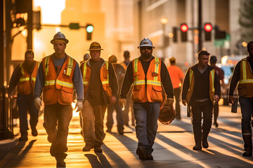 Group of construction workers with safety jackets and hat walking in the morning at the city