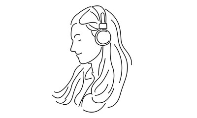 line art of beautiful girl listening music in headphones