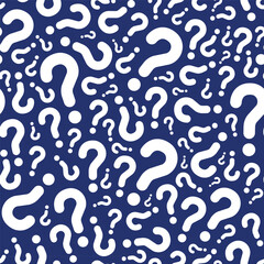 random pattern of white question marks on blue background, mystery box
