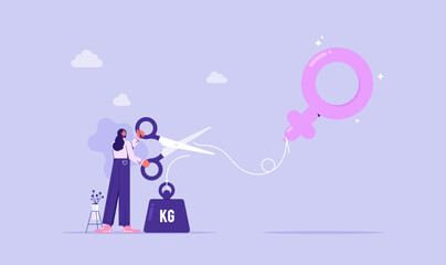 Gender equality freedom concept, woman using scissors to cut gender sign balloon rope from weight, male and female with equal career opportunities, workforce without gender discrimination