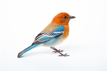 Bird on a white background isolated. Colorful songbird. Close encounter with nature palette