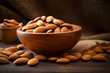 Almond in wooden bowl. Generative AI image