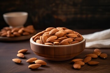 Almond in wooden bowl. Generative AI image