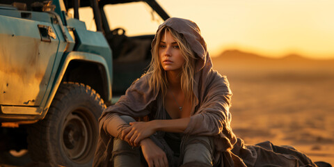 beautiful and mysterious woman sitting in the wasteland next to a broken off road vehicle, a lonely female nomad in a dystopian desert landscape - obrazy, fototapety, plakaty