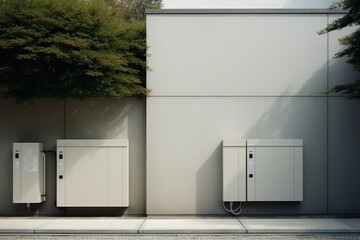 Battery packs are used in the garage of a house to store electric energy as an alternative system.