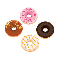 Vector illustration of multiple donuts cake in cartoon flat style. Delicious pink and chocolate art dessert. Pastry and bakery element for logo, icon, sticker, emblem etc isolated on white background.