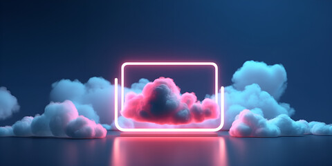 Abstract background with neon lights empty frame and whit clouds background
