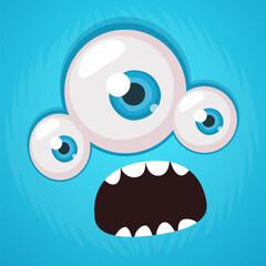Cartoon monster face with three eyes. Vector Halloween monster illustration. Great for package design or party decoration