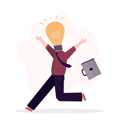 Happy businessman with a glowing light bulb idea instead of a head. Brainstorming, pitching ideas. Innovative ideas develop business. Entrepreneur with new skills