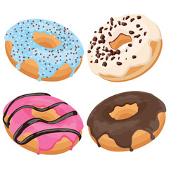Vector illustration of multiple donuts cake in cartoon flat style. Delicious pink and chocolate art dessert. Pastry and bakery element for logo, icon, sticker, emblem etc isolated on white background.
