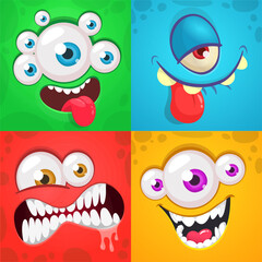 Cartoon monster faces set. Vector collection of four Halloween monster avatars with different face expressions. Isolated