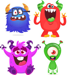 Funny cartoon monsters set: monster yeti troll gremlin and alien creatures. Halloween vector design isolated