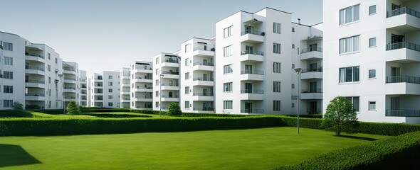 Modern white apartment with green grass landscape. Luxury condo design with background. Stylish and sky view