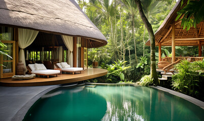 tropische relax Villa mit Pool - obrazy, fototapety, plakaty
